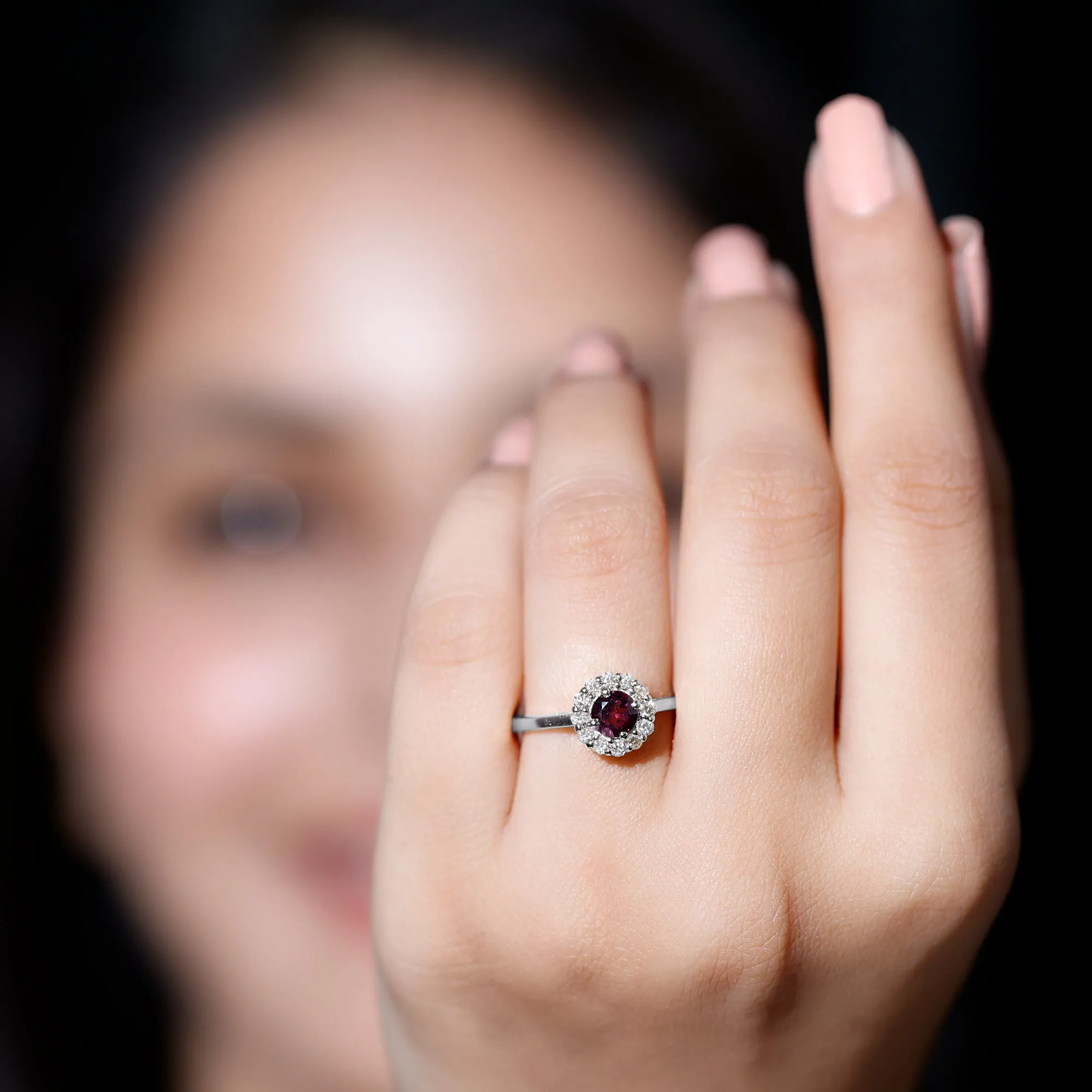 1 CT Rhodolite and Diamond Floating Halo Engagement Ring