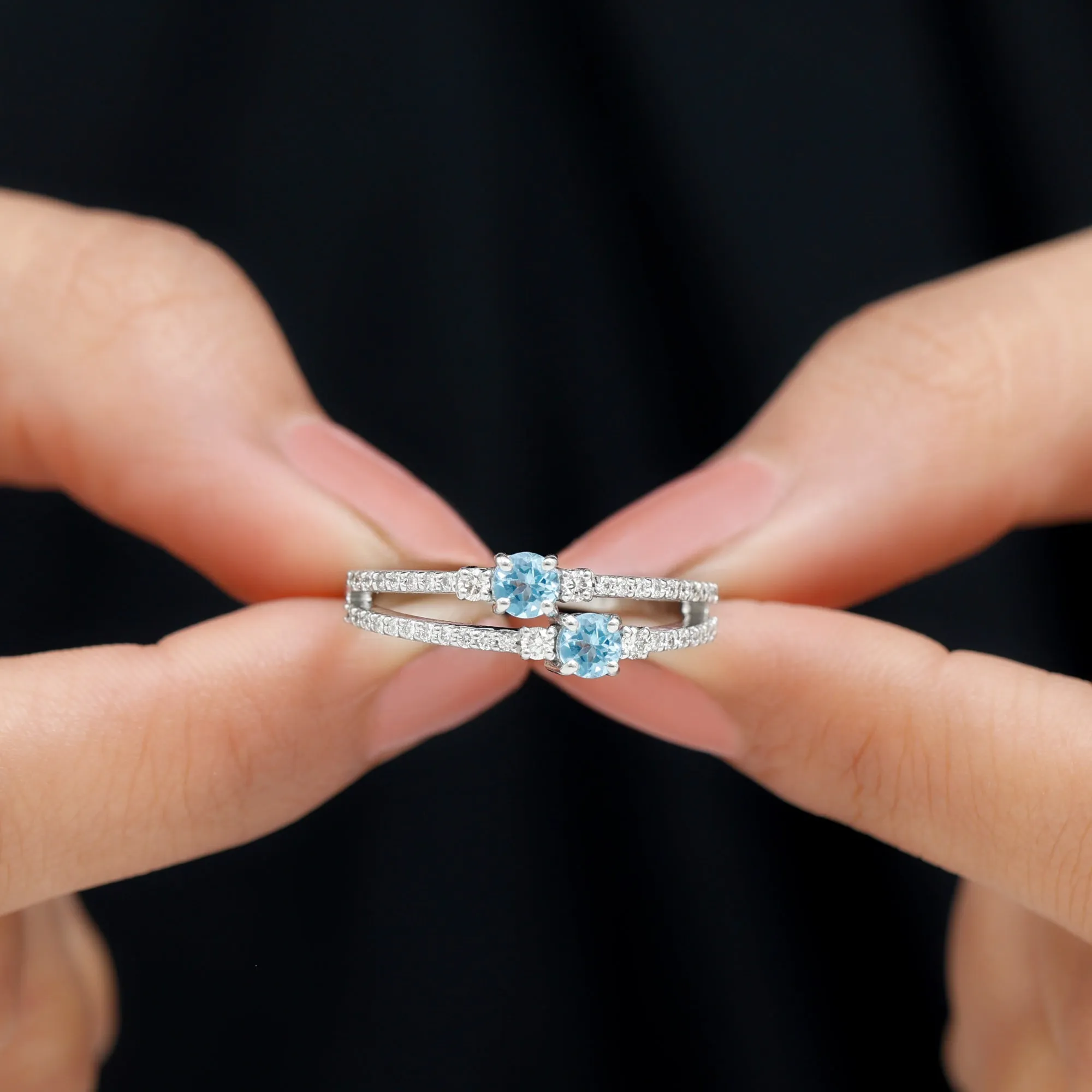 1 CT Swiss Blue Topaz and Diamond Anniversary Double Band Ring