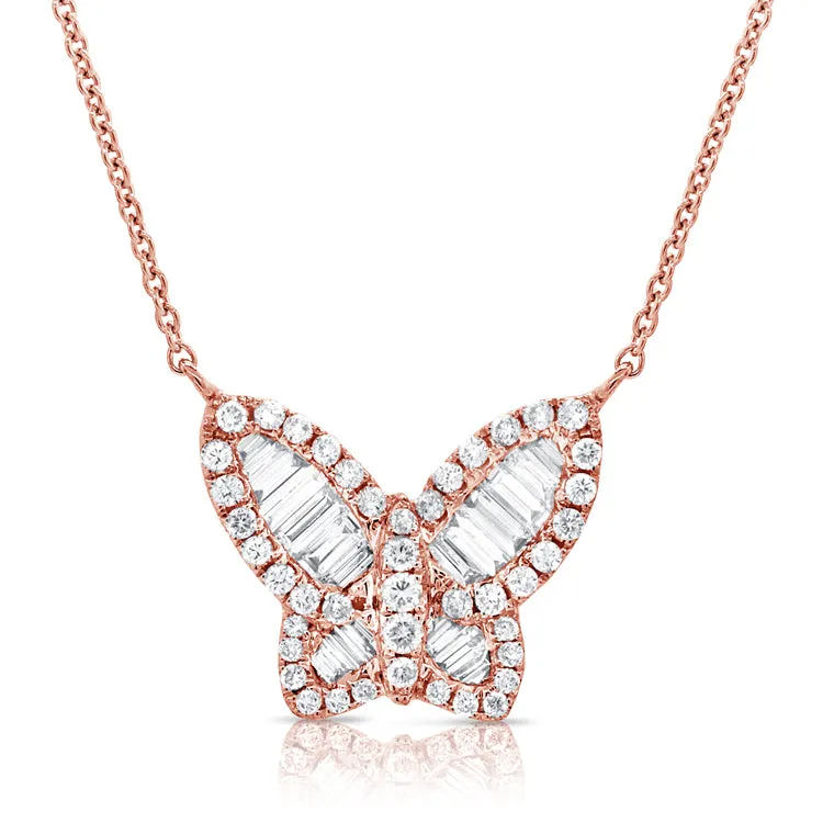 14k Gold & Baguette Diamond Butterfly Necklace - 1.44ct