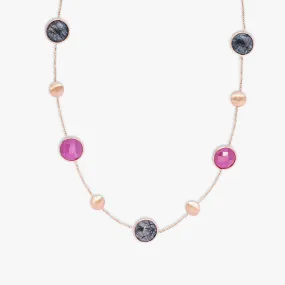 14K satin rose gold Kensington necklace with black rutilated quartz and ruby root