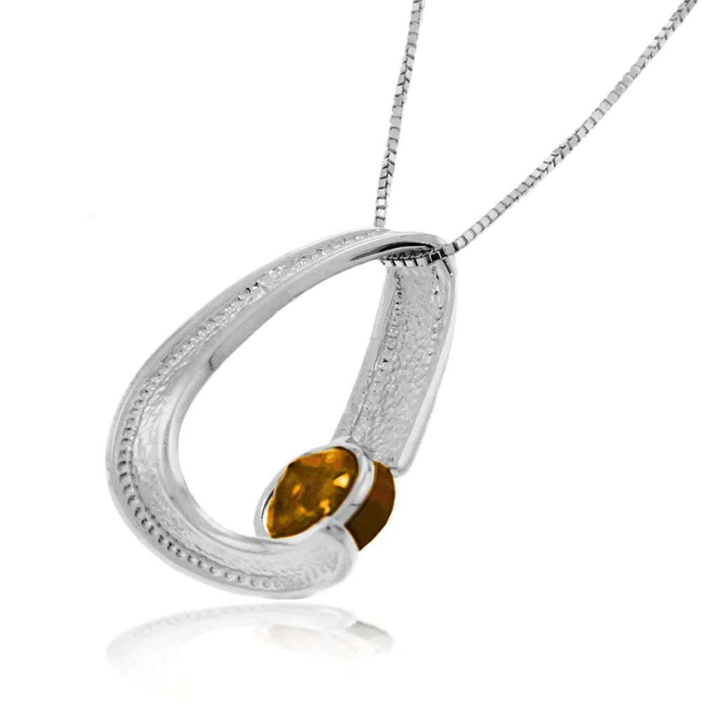 14K Solid White Gold Modern Necklace w/ Natural Citrine