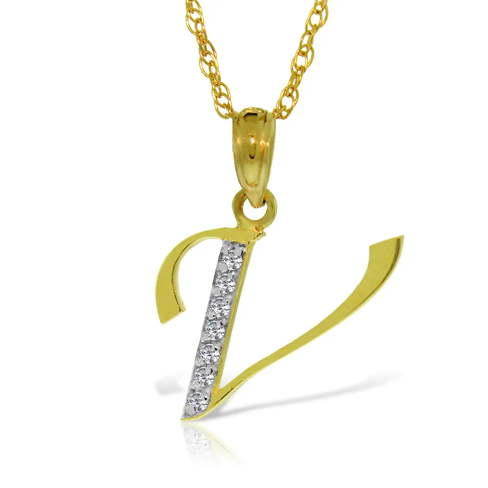 14K Solid Yellow Gold Necklace w/ Natural Diamonds Initial 'v' Pendant