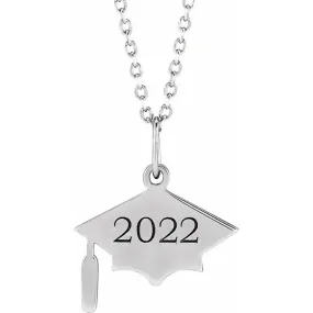 14K White Gold Engravable Graduation Cap 16-18" Necklace