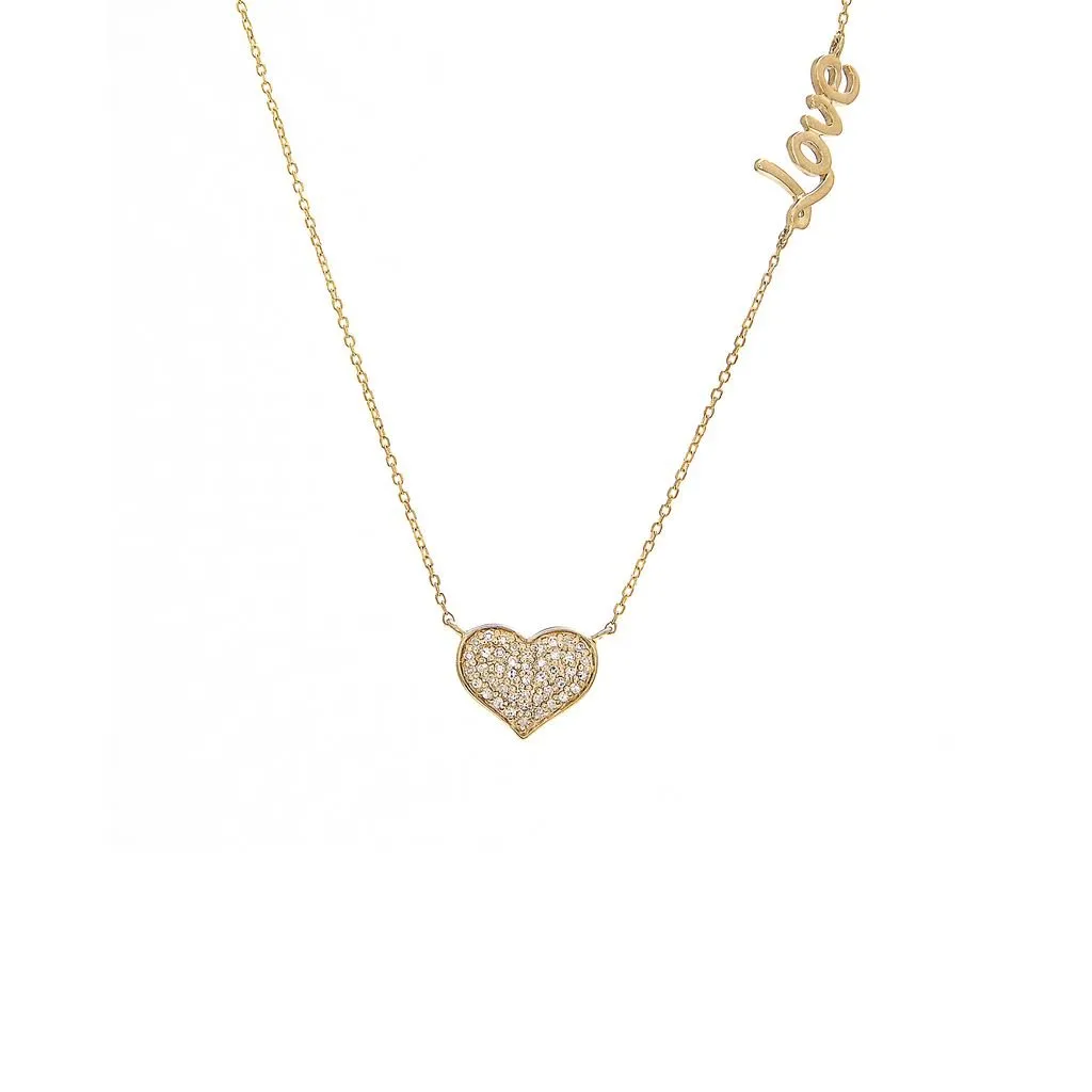 14K Yellow Gold Heart And Love Diamond Necklace