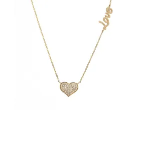 14K Yellow Gold Heart And Love Diamond Necklace