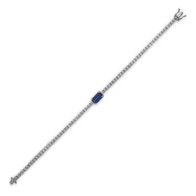 18K White Gold Diamond Tennis Bracelet with East to West Emerald Cut Sapphire Center