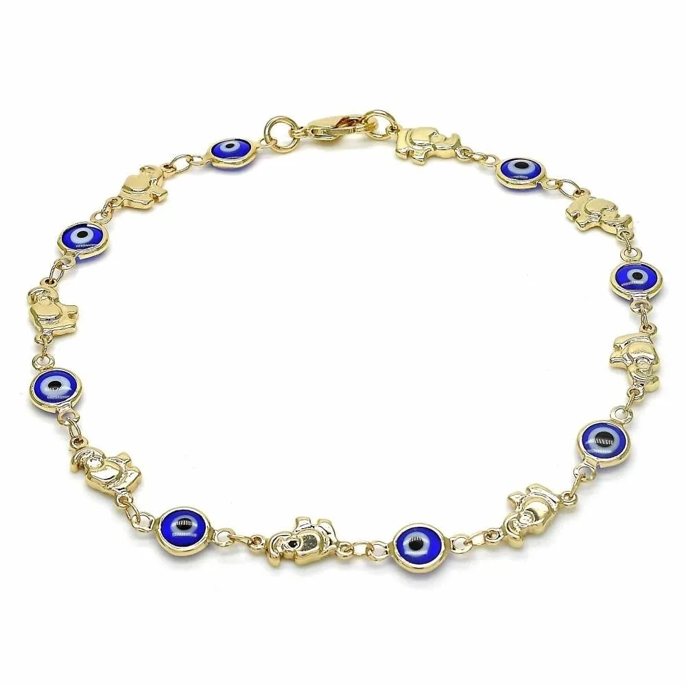 18K Womens Gold Filled High Polish Finsh Elephant-Blue Evil Eye Lobster Clasp Ankle Bracelet 10 Inch