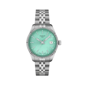 34MM TISSOT BALLADE QUARTZ WATCH WITH LIGHT GREEN DATE DIAL AND FLUTED BEZEL