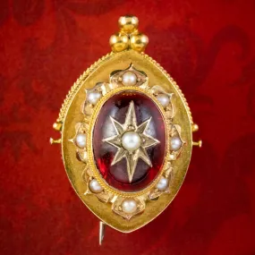 Antique Victorian Etruscan Revival Garnet Pearl Star Brooch 18ct Gold