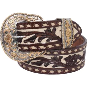 B754 - Floral Tooled Buck Stitched Belt