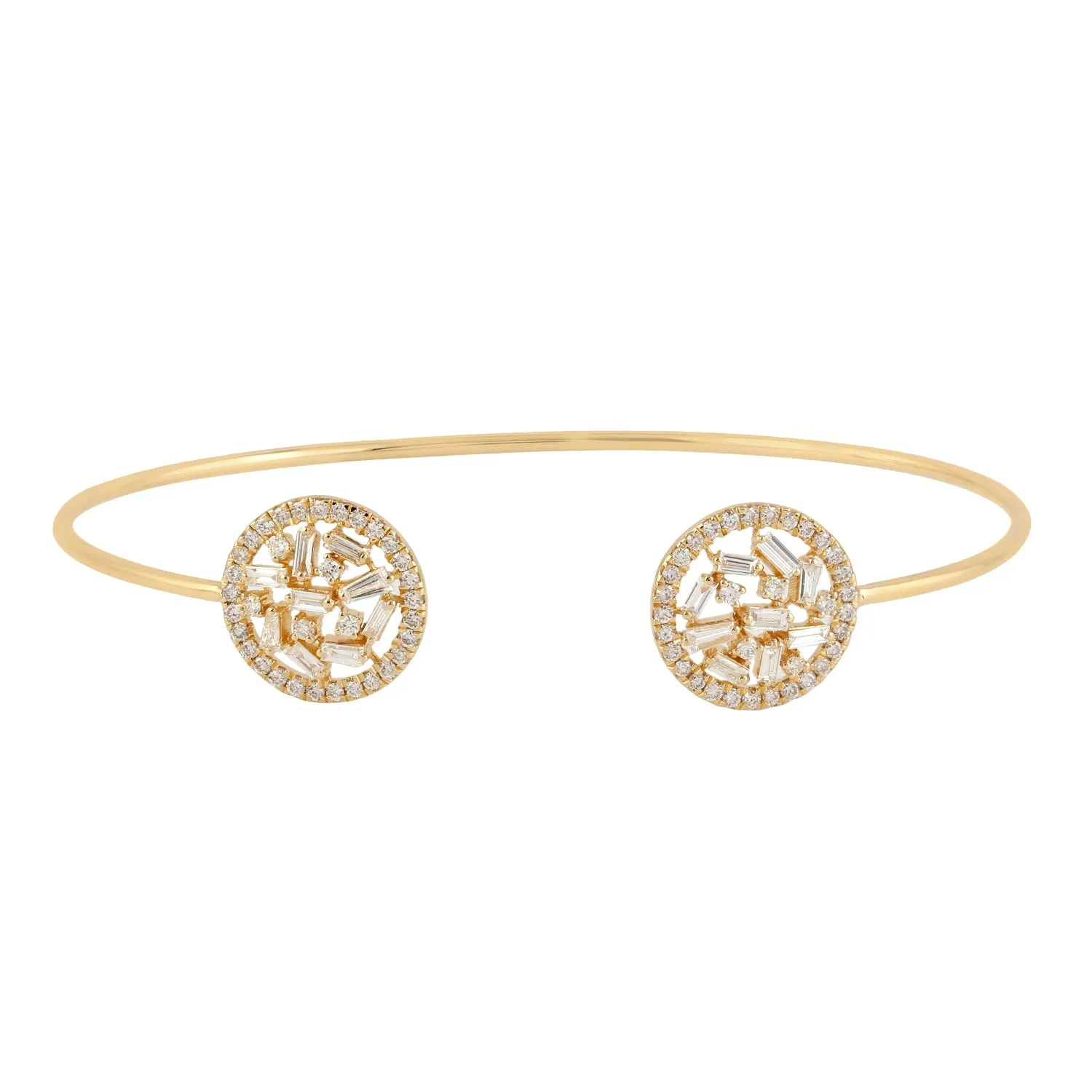 Baguette Diamond Cluster Design Open Cuff Bracelet In 18k Yellow Gold