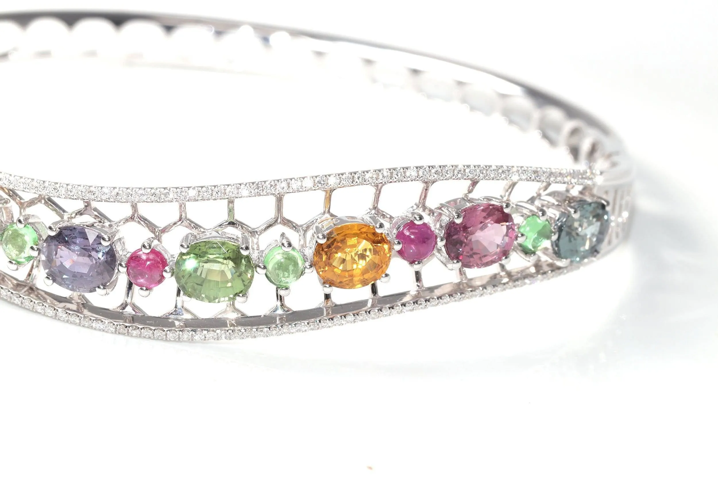 Baikalla 18K White Gold Multi-Color Sapphire Diamond Hinge Bangle Bracelet