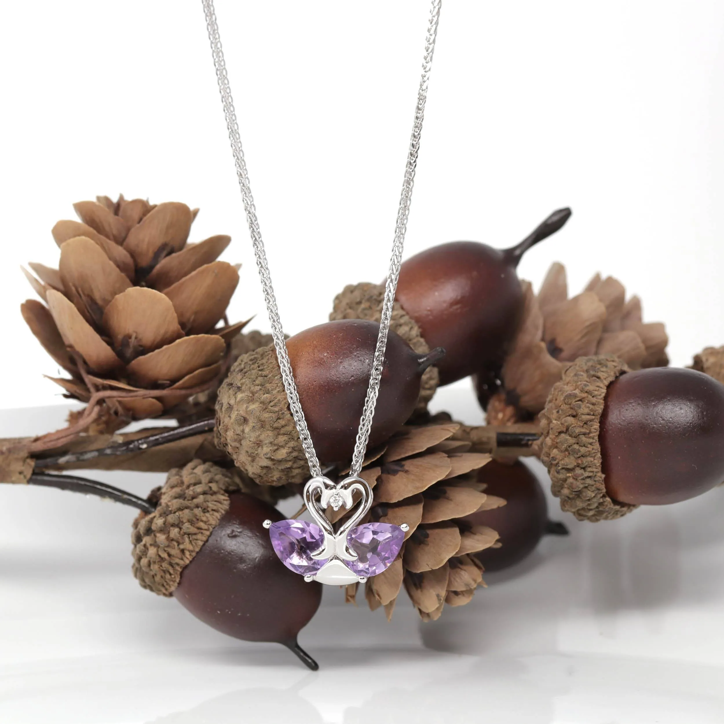 Baikalla™ Classic Sterling Silver Natural Amethyst Garnet Swan Pendant Necklace
