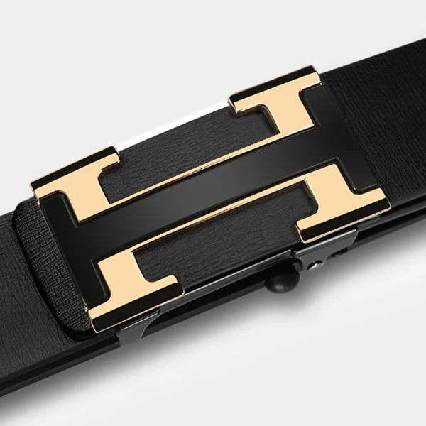 Black Men's Leather Ratchet Belt with Automatic Buckle 黑色男士真皮自動扣皮帶 KCBELT1136