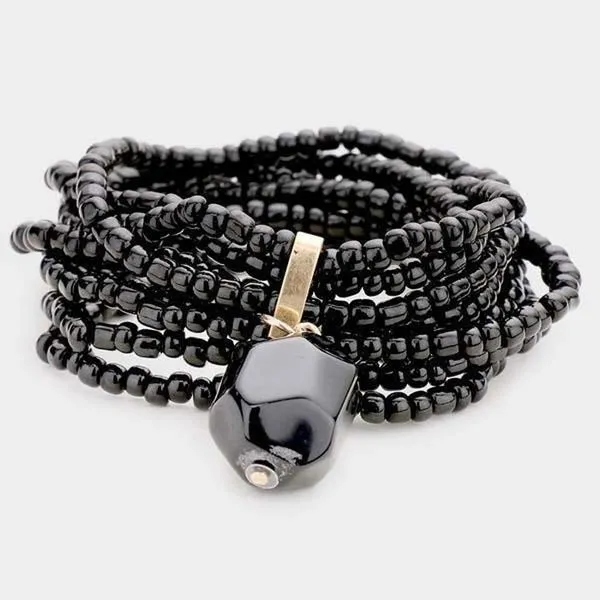 Black Multi Strand Bead Natural Stone Stretch Bracelet