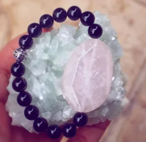 Black Tourmaline with Huge Rose Quartz Chunk Genuine Crystal Bracelet