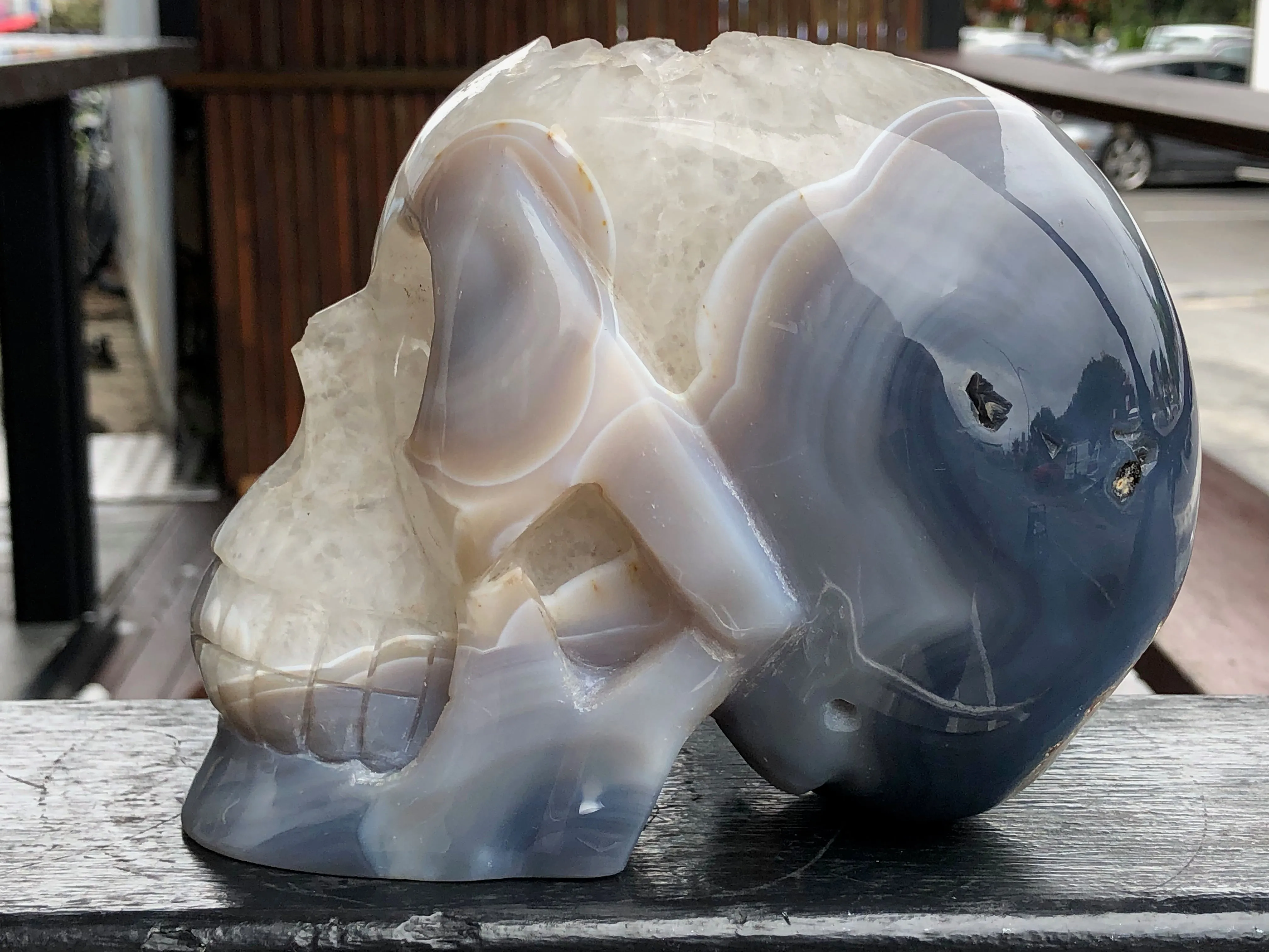 Blue Agate and Quartz Geode Skull [1K73]