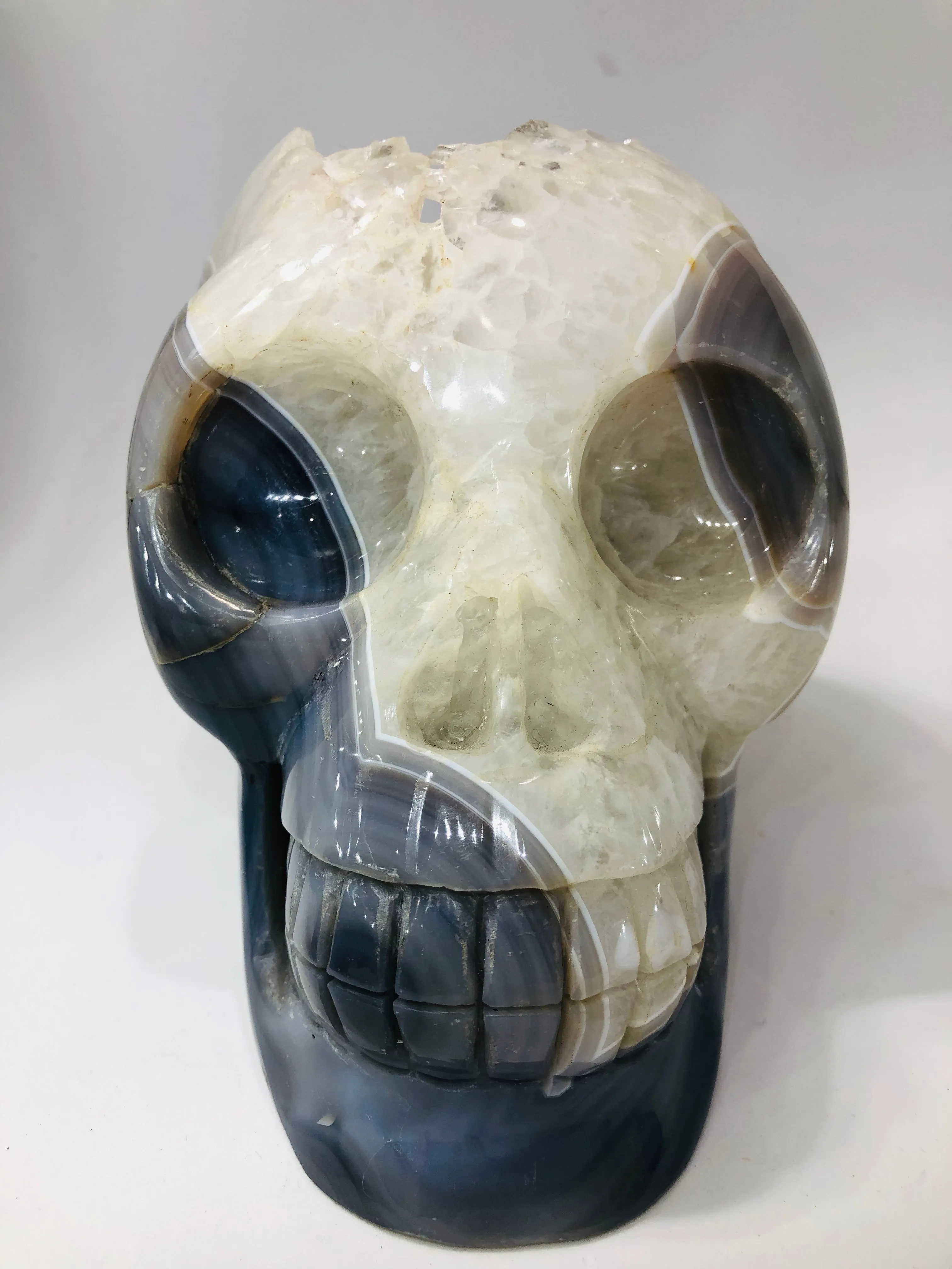 Blue Agate and Quartz Geode Skull [1K73]
