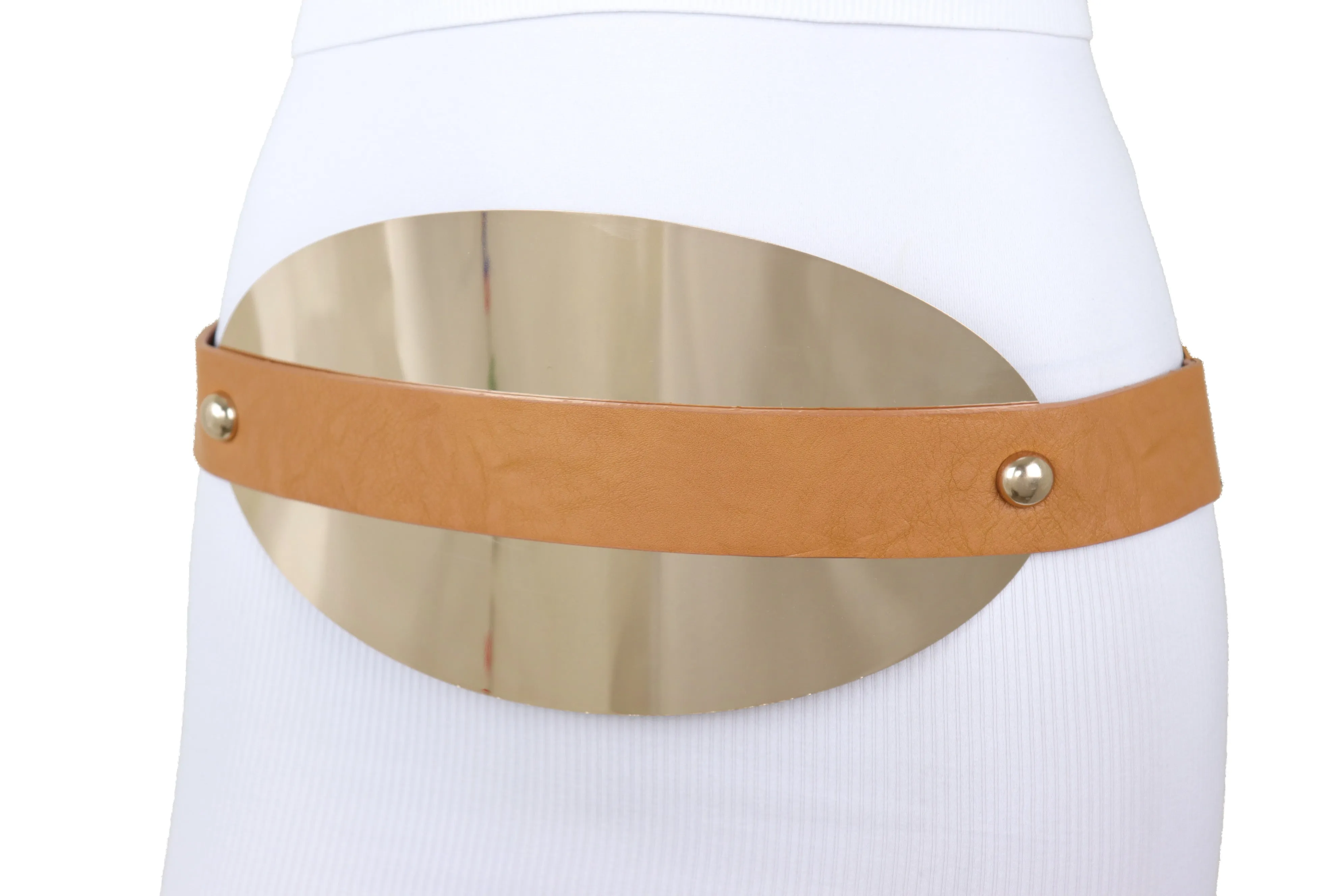 Brown Elastic Band Wide Belt Hip High Waist Oval Gold Metal Plate Size S M
