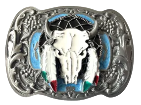 Buffalo Skull Feathers Blue Belt Buckle