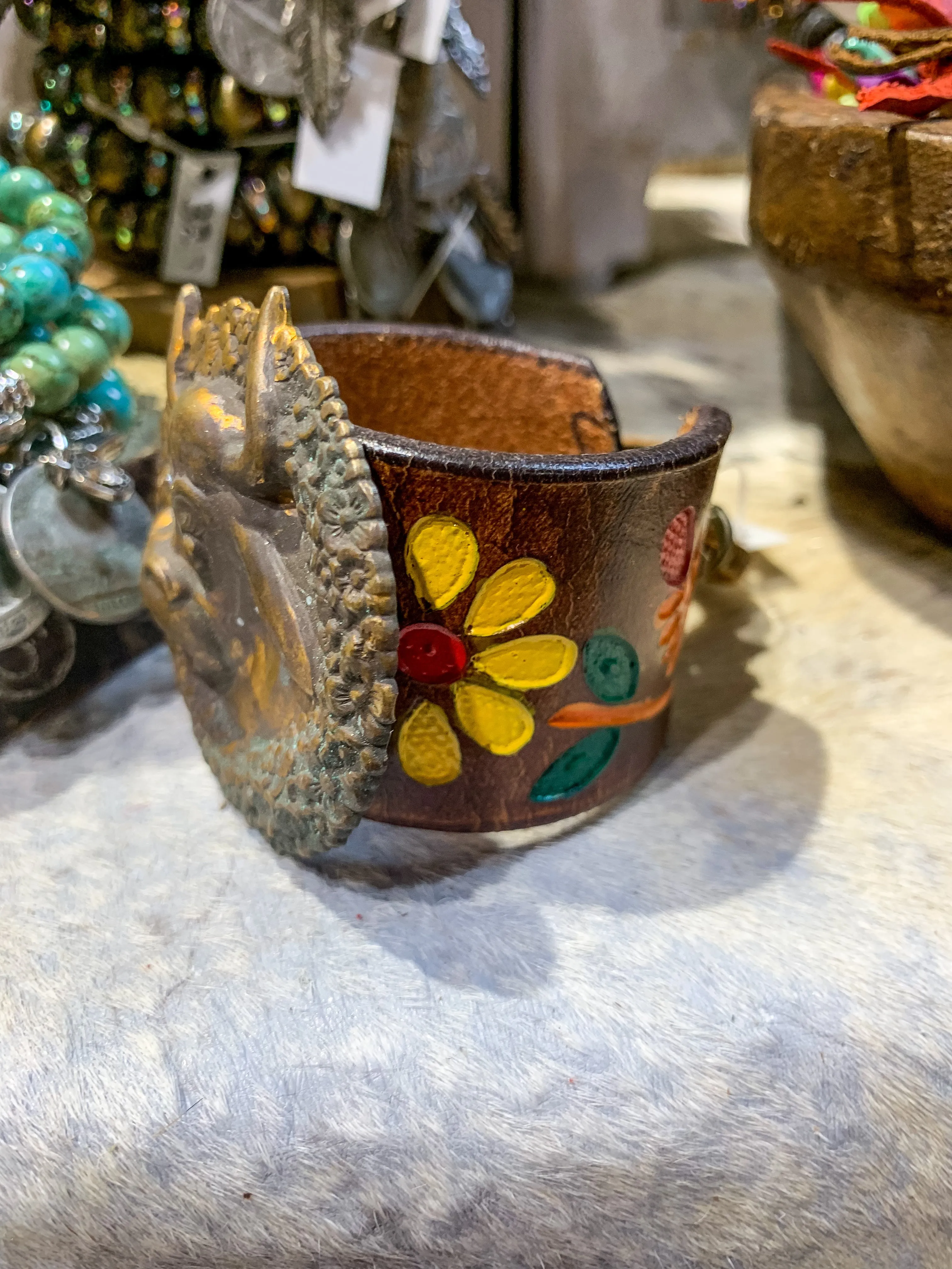 Cow Vintage Leather Floral Cuff