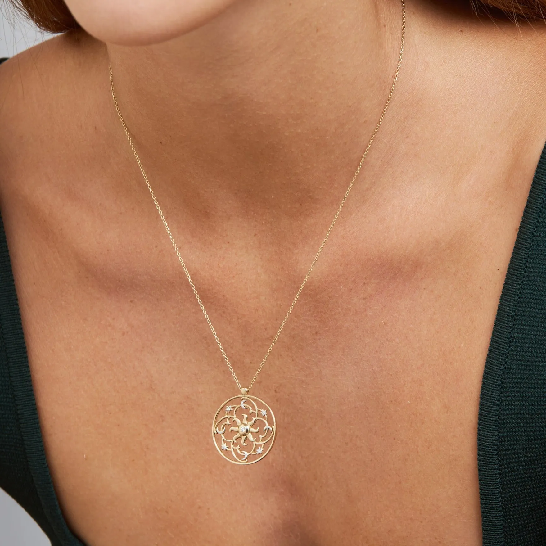 Diamond Celestial Pendant - 14 karat gold diamond pendant, diamonds 0.05ct
