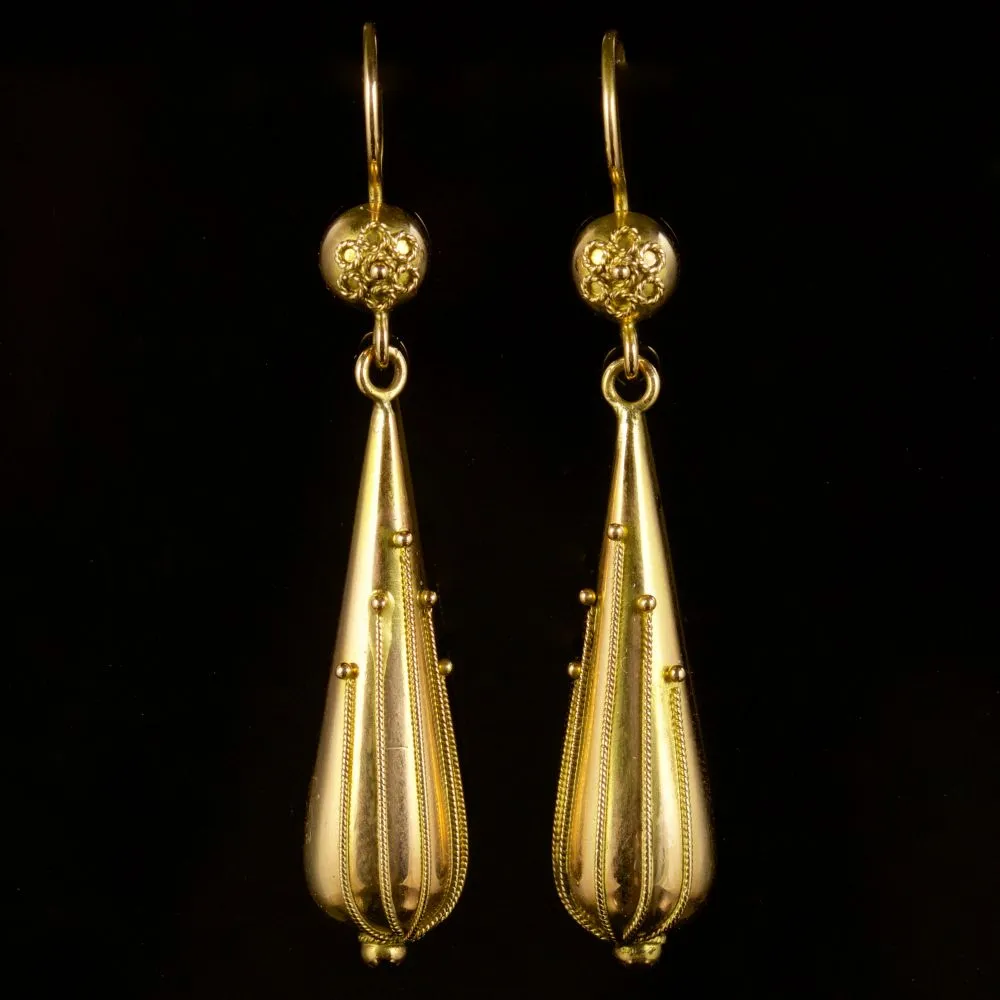 Etruscan Long Drop Earrings 15Ct Yellow Gold