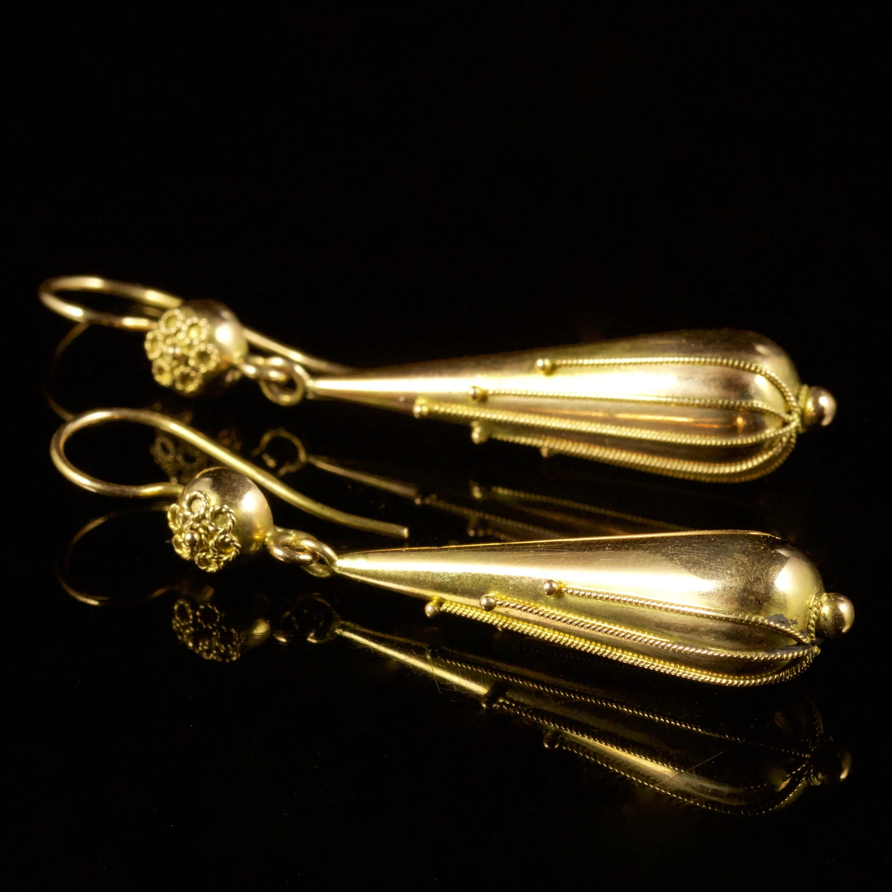Etruscan Long Drop Earrings 15Ct Yellow Gold