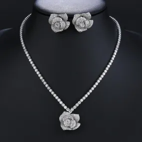Fashion CZ Cubic Zirconia Rose Flower Pendant  Necklace  Earrings Set Bridal Wedding Jewelry Sets for Women Gift CN10718