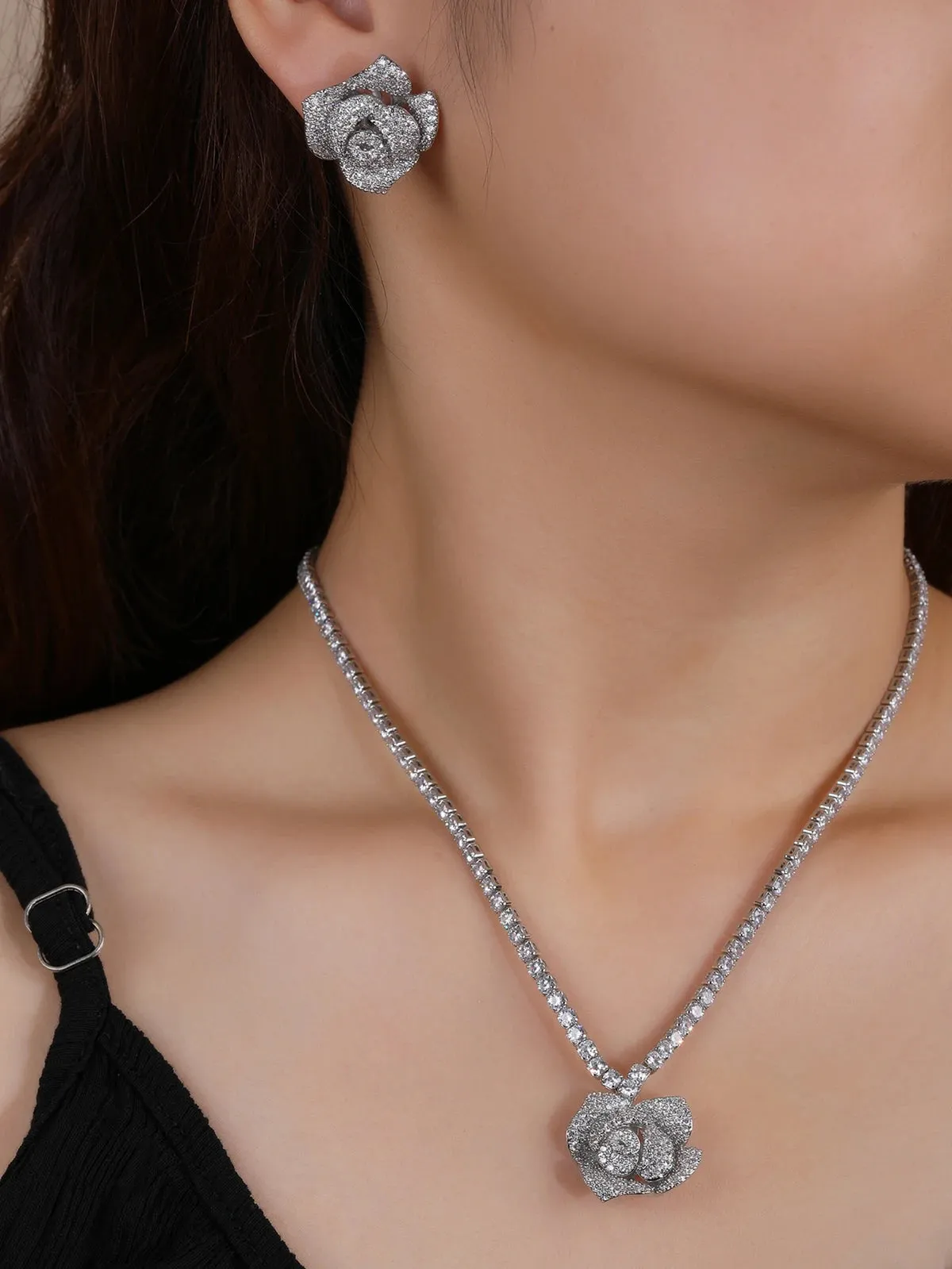 Fashion CZ Cubic Zirconia Rose Flower Pendant  Necklace  Earrings Set Bridal Wedding Jewelry Sets for Women Gift CN10718