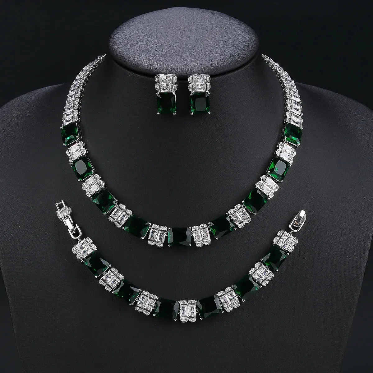 Fashion Elegant 4 Colors Cubic Zirconia Necklace Earrings Bracelet Set  Bridal Wedding Jewelry Set Party Accessories CN11218