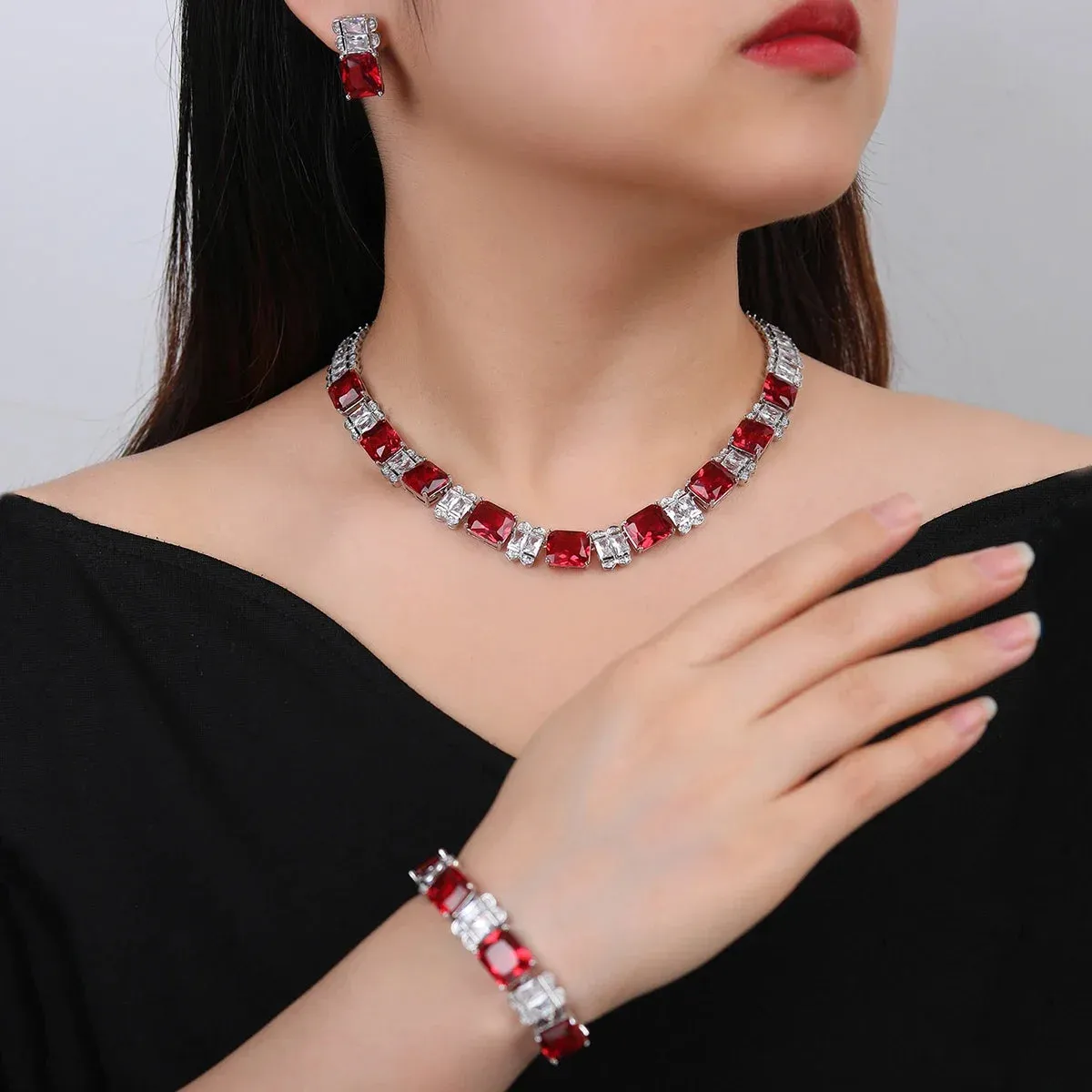 Fashion Elegant 4 Colors Cubic Zirconia Necklace Earrings Bracelet Set  Bridal Wedding Jewelry Set Party Accessories CN11218