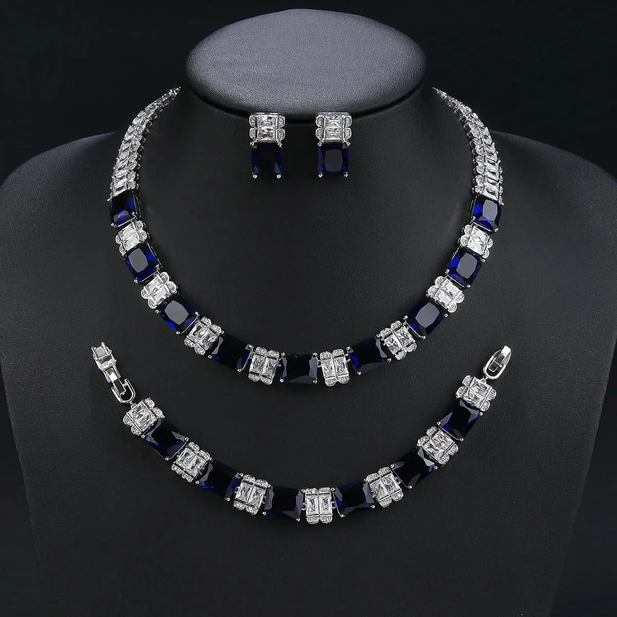 Fashion Elegant 4 Colors Cubic Zirconia Necklace Earrings Bracelet Set  Bridal Wedding Jewelry Set Party Accessories CN11218