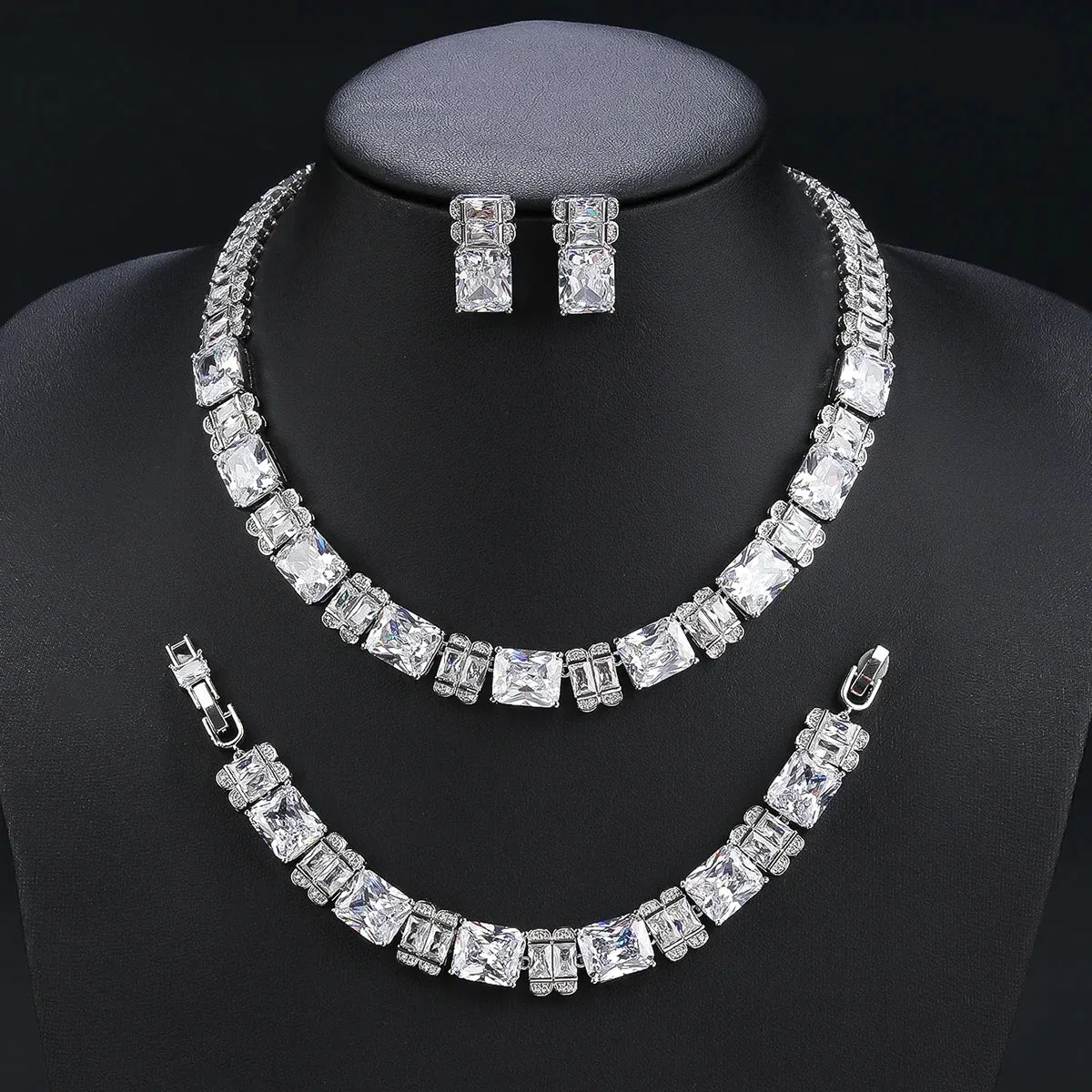 Fashion Elegant 4 Colors Cubic Zirconia Necklace Earrings Bracelet Set  Bridal Wedding Jewelry Set Party Accessories CN11218