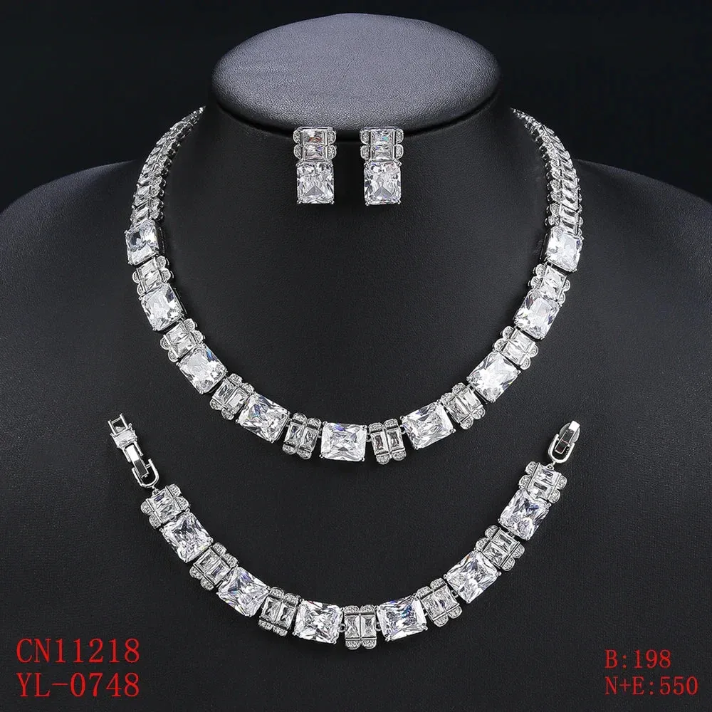 Fashion Elegant 4 Colors Cubic Zirconia Necklace Earrings Bracelet Set  Bridal Wedding Jewelry Set Party Accessories CN11218