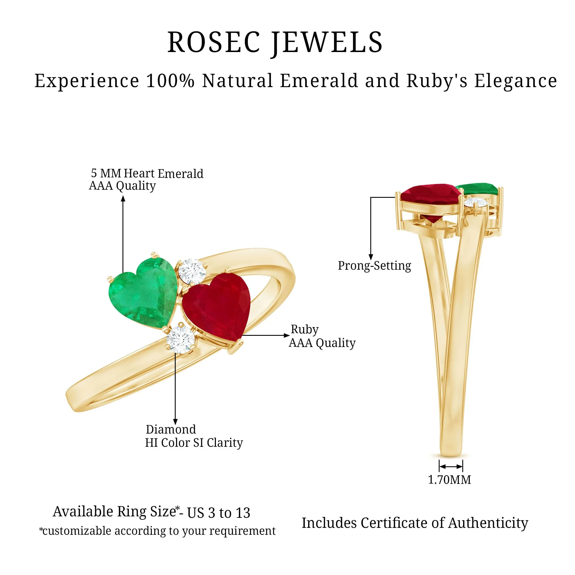 Heart Shaped Toi Et Moi Ring with Ruby and Emerald
