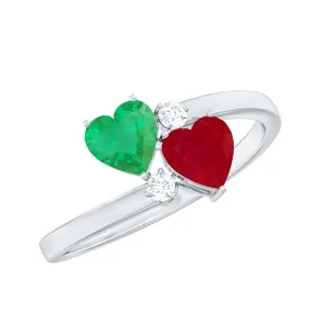 Heart Shaped Toi Et Moi Ring with Ruby and Emerald