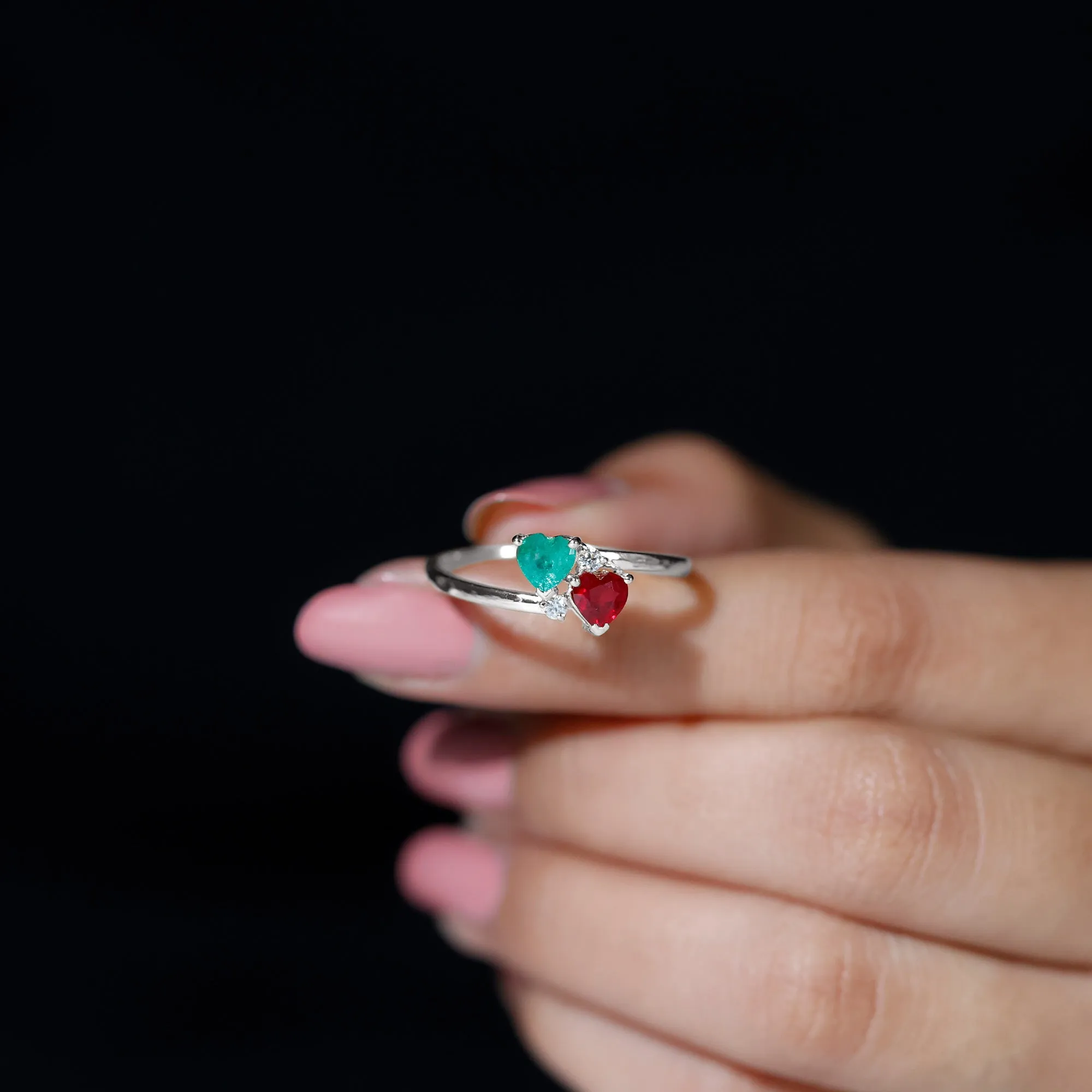 Heart Shaped Toi Et Moi Ring with Ruby and Emerald