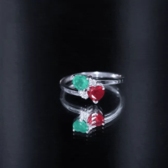 Heart Shaped Toi Et Moi Ring with Ruby and Emerald