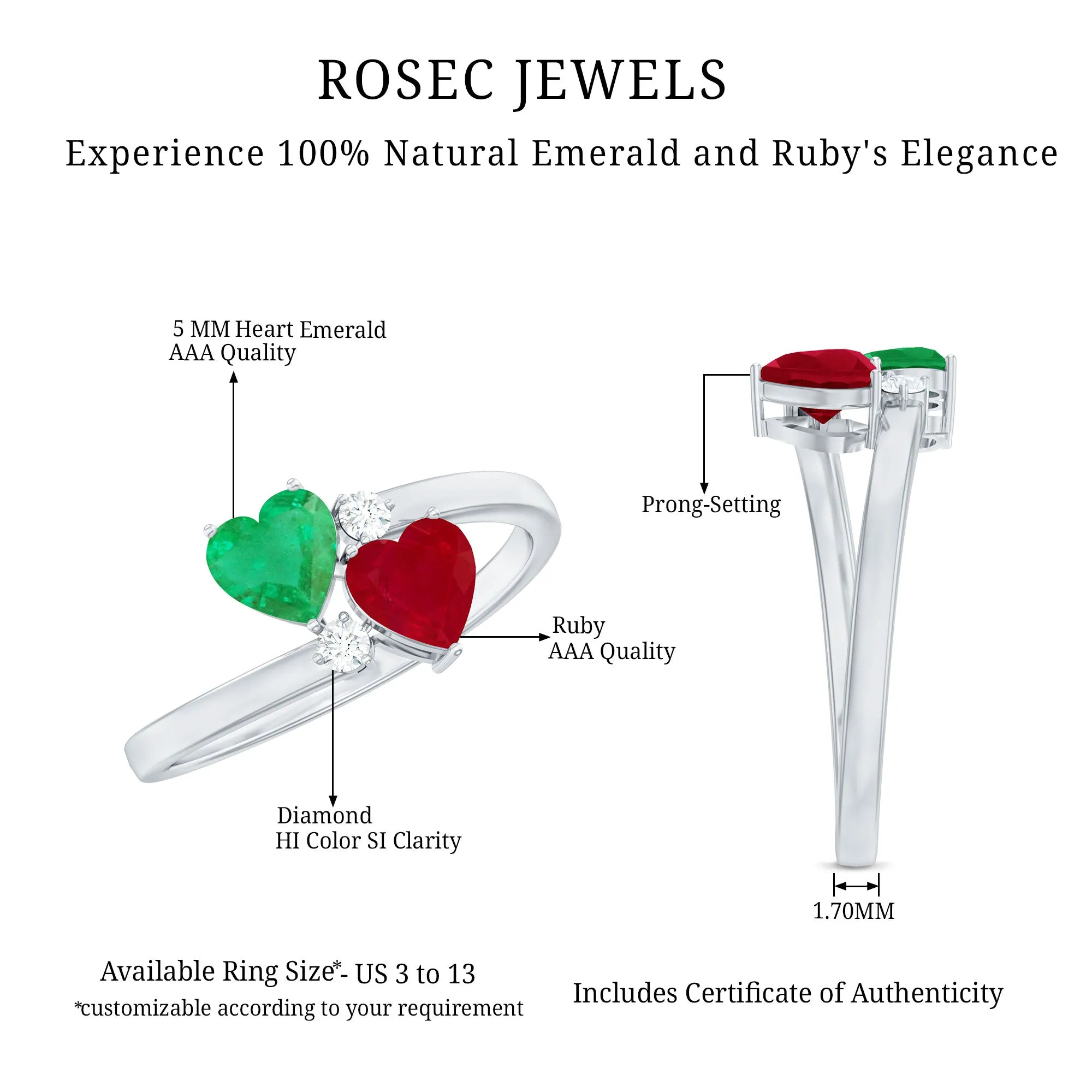 Heart Shaped Toi Et Moi Ring with Ruby and Emerald