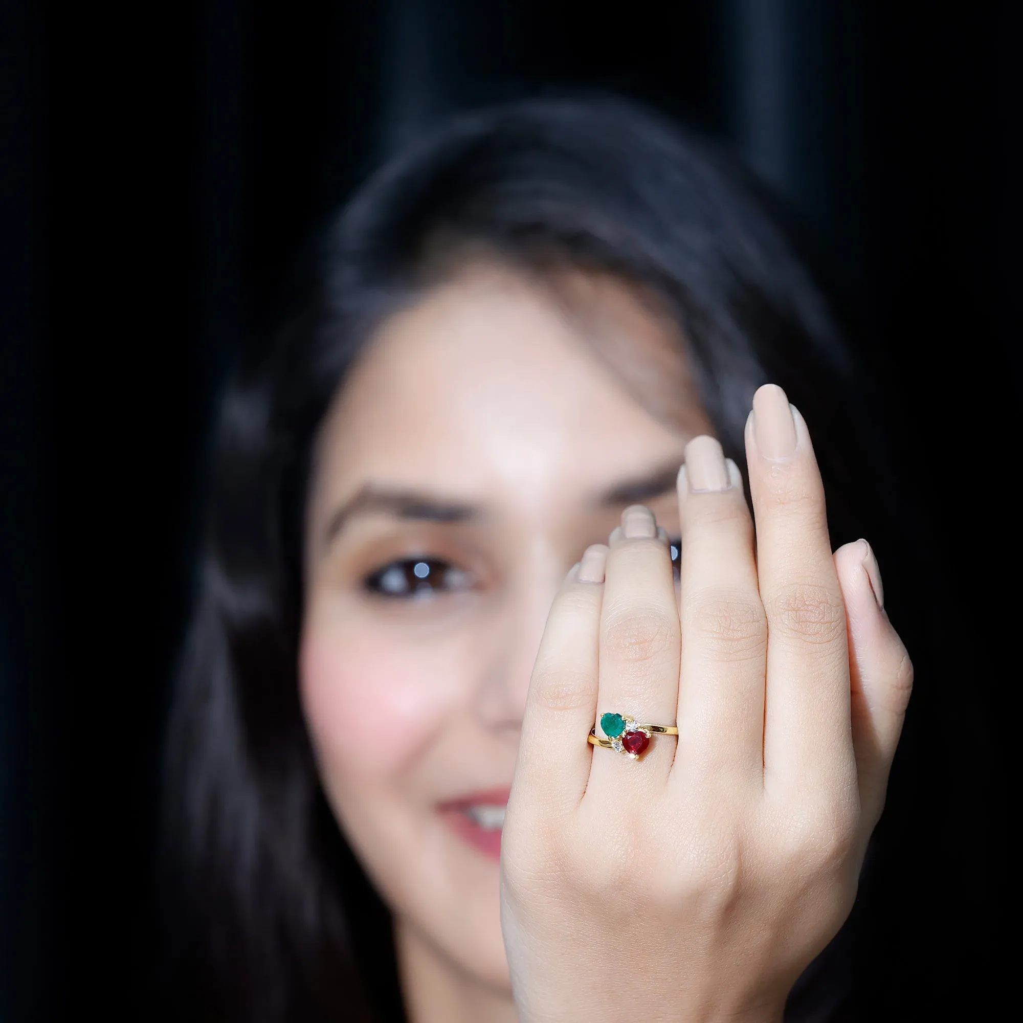 Heart Shaped Toi Et Moi Ring with Ruby and Emerald