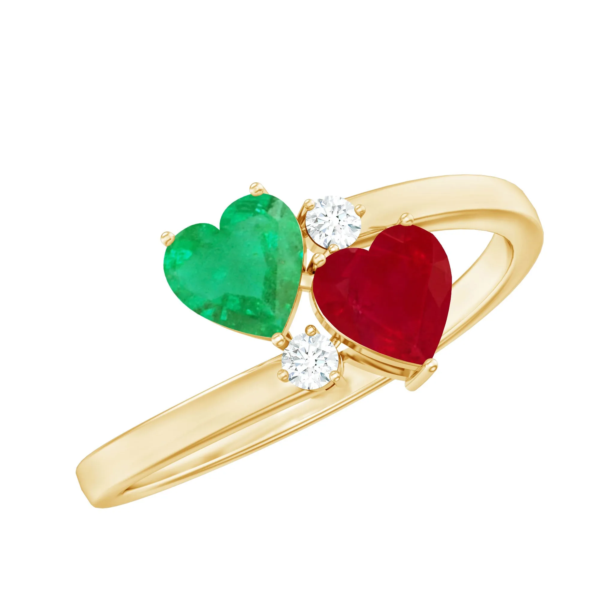 Heart Shaped Toi Et Moi Ring with Ruby and Emerald