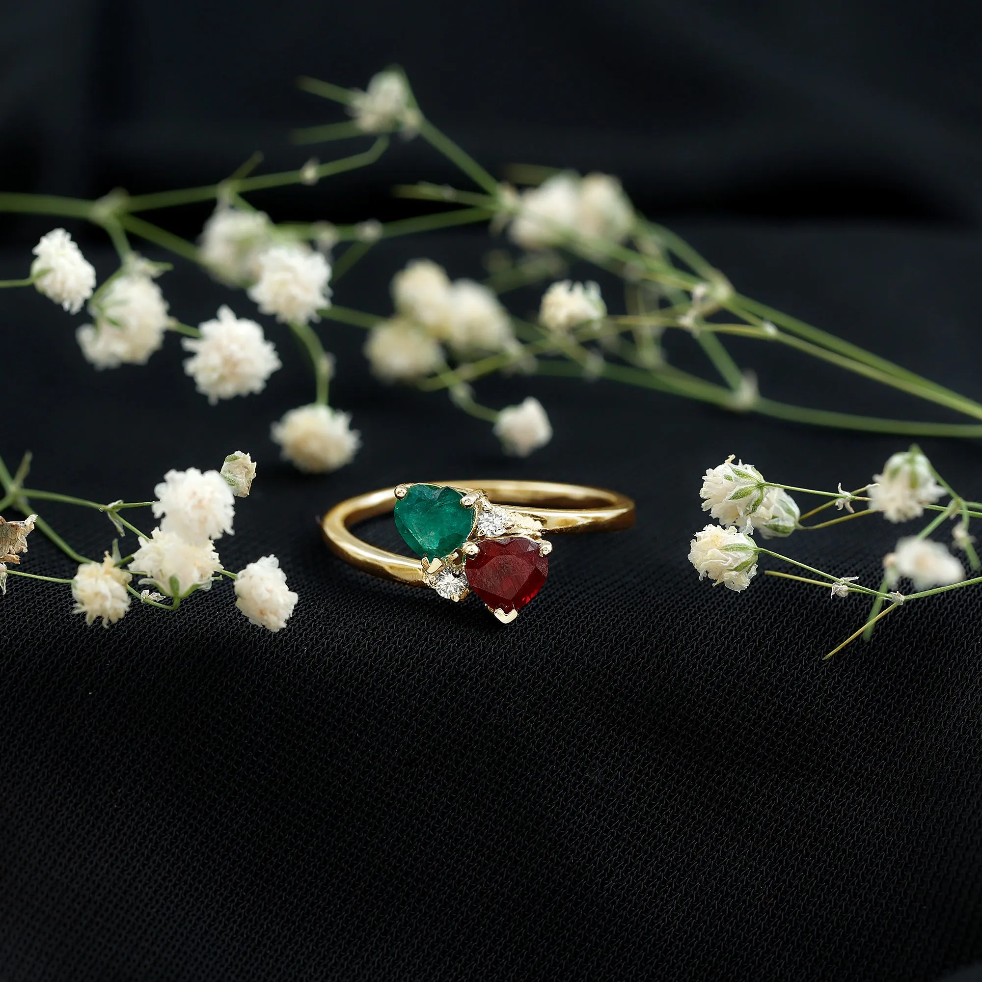 Heart Shaped Toi Et Moi Ring with Ruby and Emerald