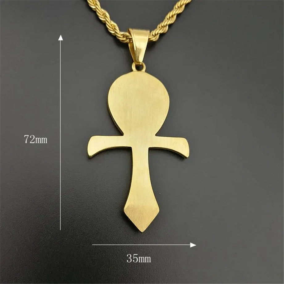 Hip Hop Iced Out Ankh Cross Pendant Necklace Gold