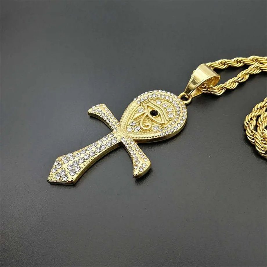 Hip Hop Iced Out Ankh Cross Pendant Necklace Gold