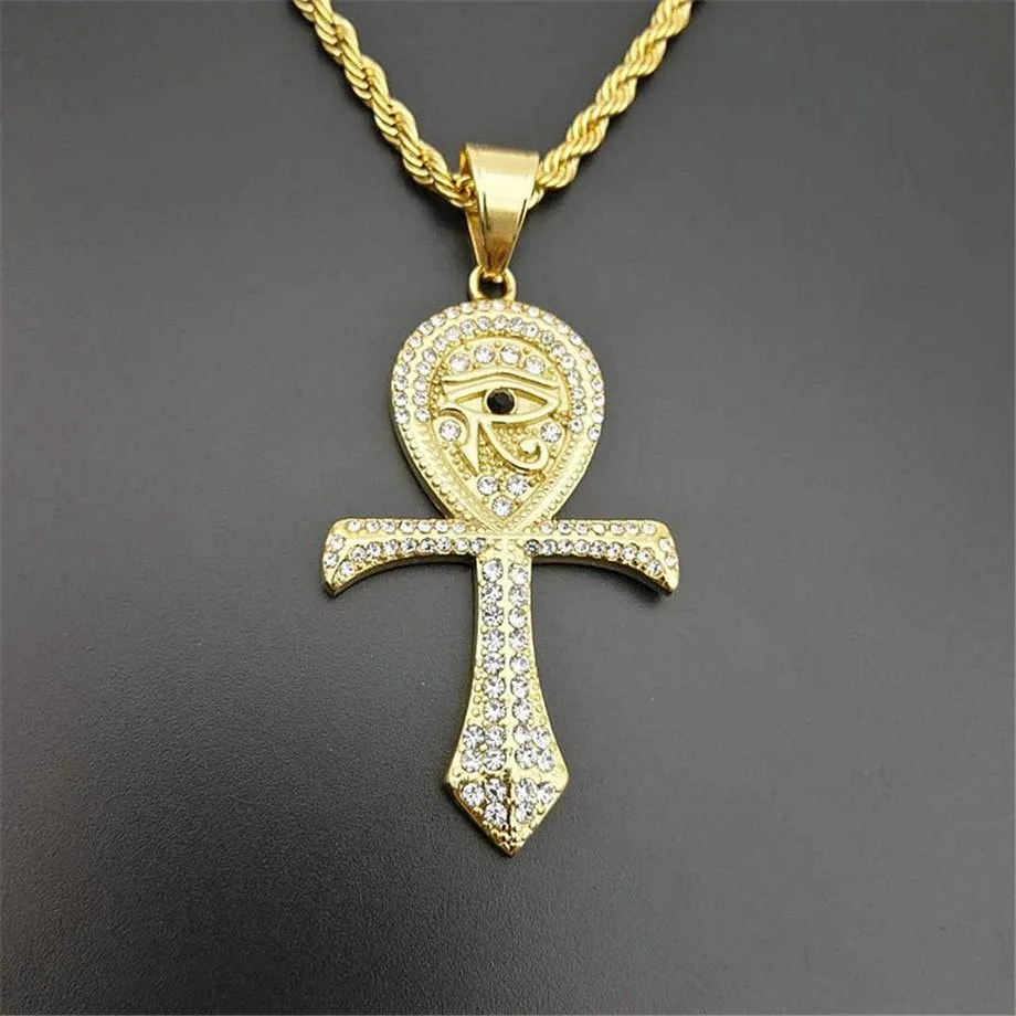 Hip Hop Iced Out Ankh Cross Pendant Necklace Gold