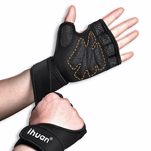 ihuan Weight Lifting Gym Workout Gloves with Wrist Wrap Support for Men & Women, Full Palm Protection, for Weightlifting, Training, Fitness, Exercise, Pull ups