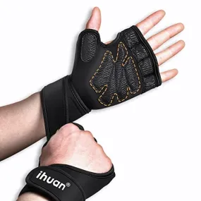 ihuan Weight Lifting Gym Workout Gloves with Wrist Wrap Support for Men & Women, Full Palm Protection, for Weightlifting, Training, Fitness, Exercise, Pull ups