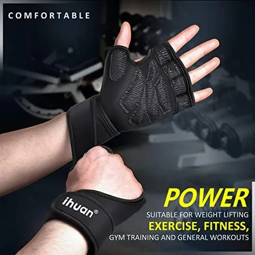 ihuan Weight Lifting Gym Workout Gloves with Wrist Wrap Support for Men & Women, Full Palm Protection, for Weightlifting, Training, Fitness, Exercise, Pull ups