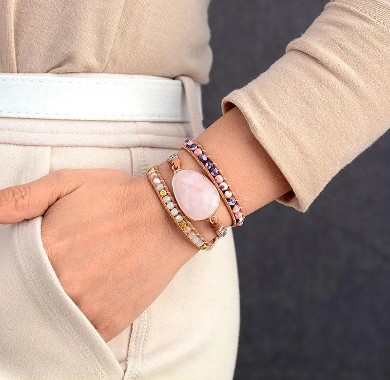 Jasper & Rose Quartz Charm Wrap Bracelet
